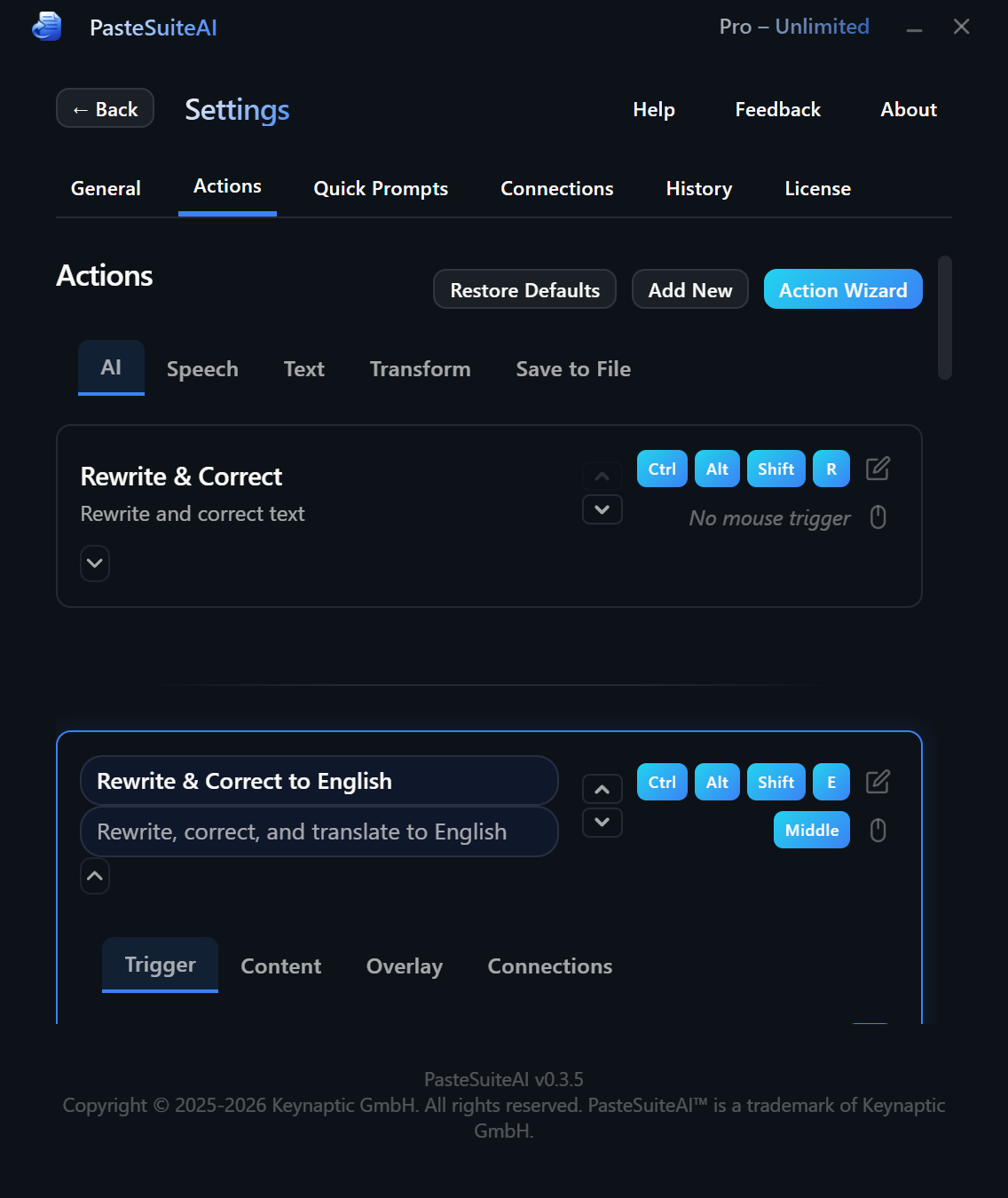 Per-action STT configuration panel