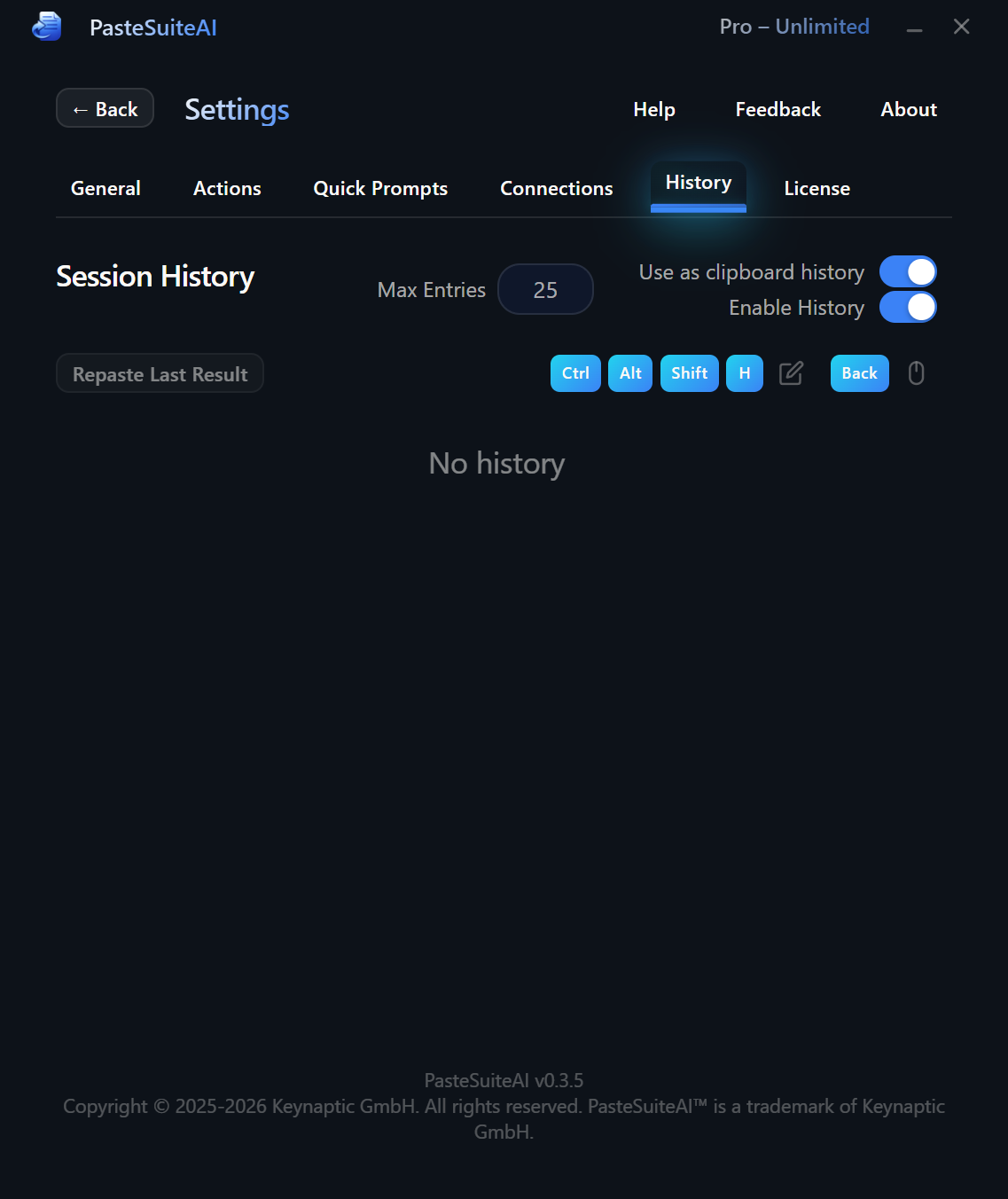History tab overview