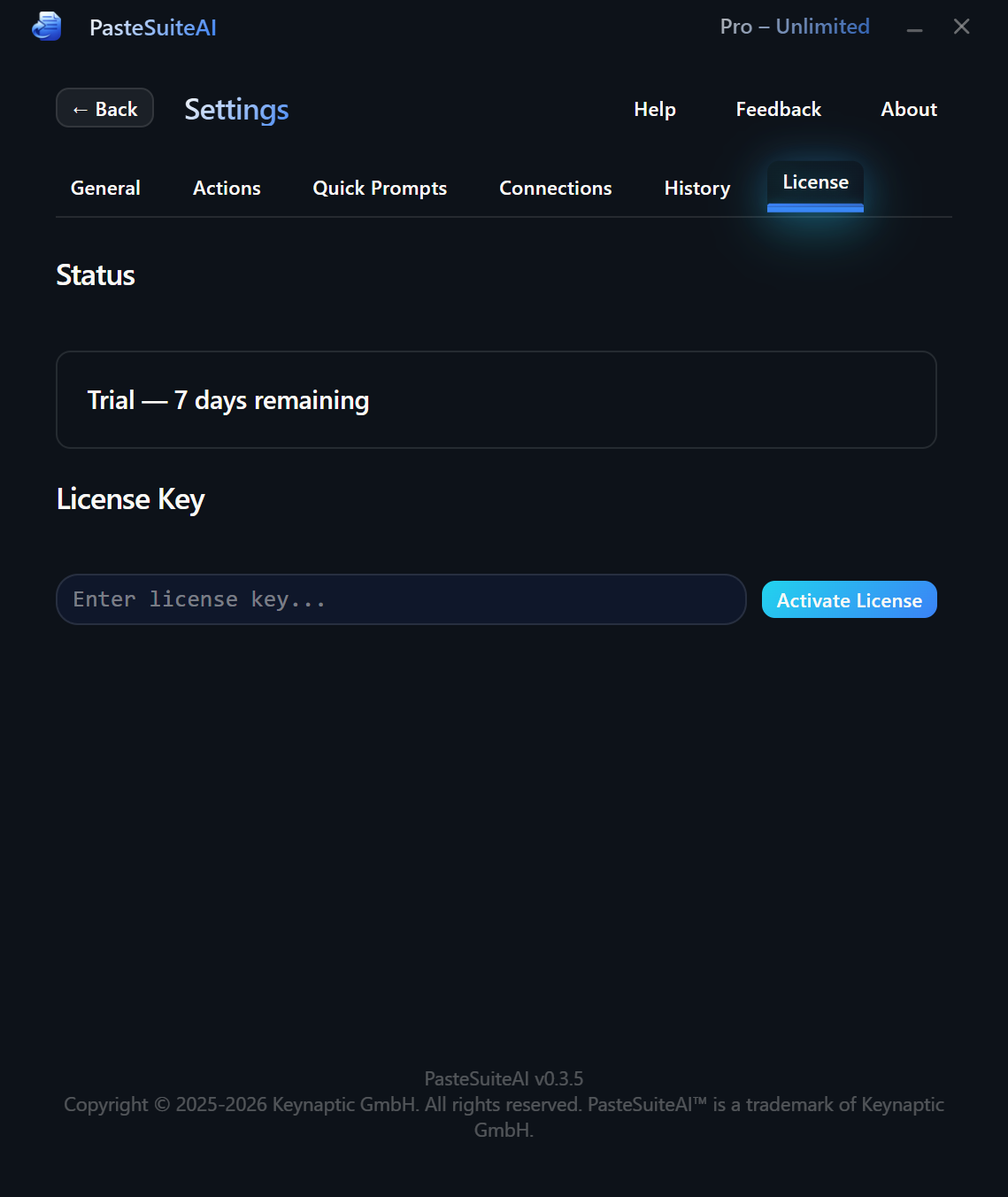 License tab overview